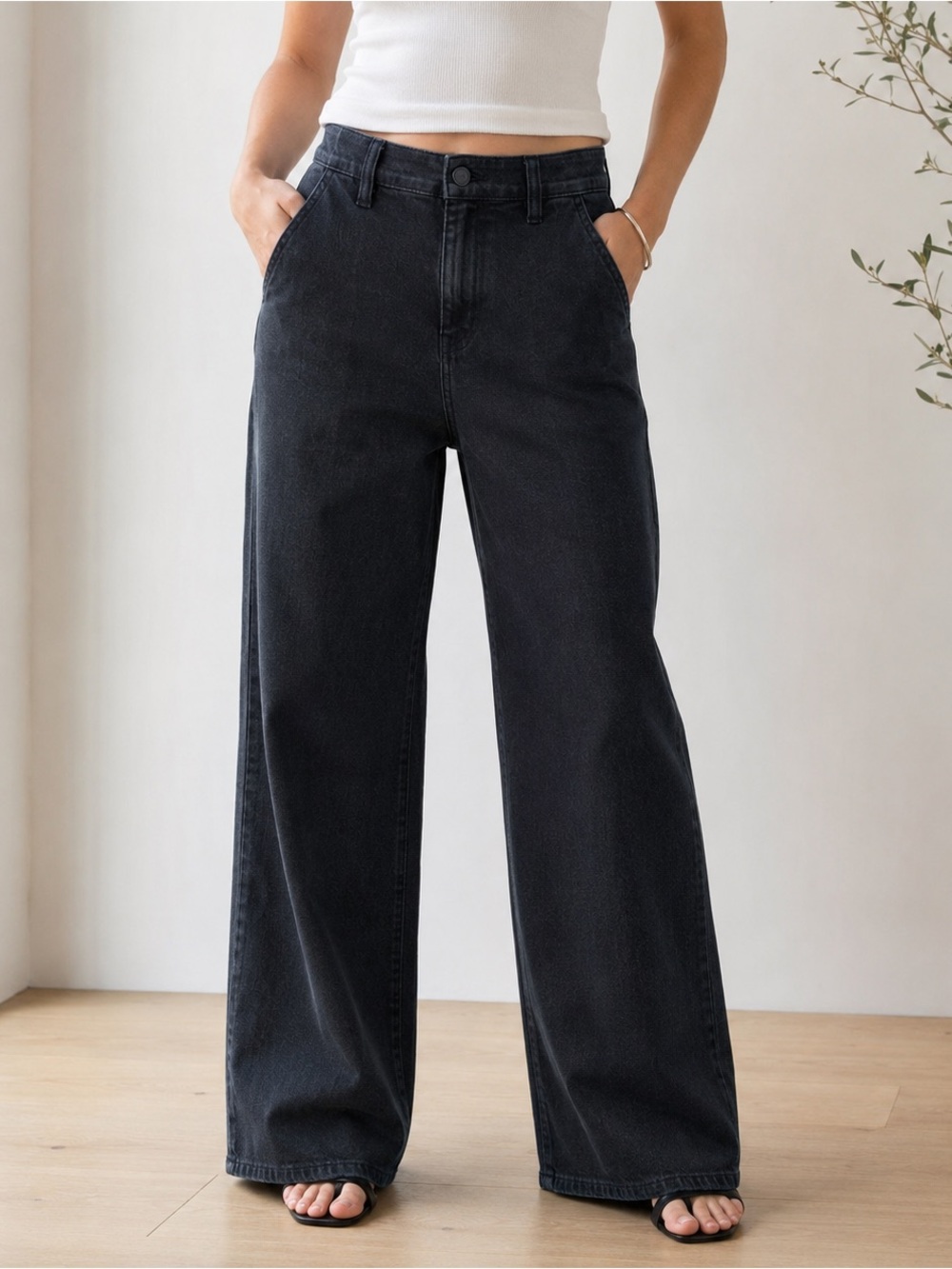DKNY Jeans Womens 27 Black High Rise Wide Leg Stretch Denim DJ4M4008